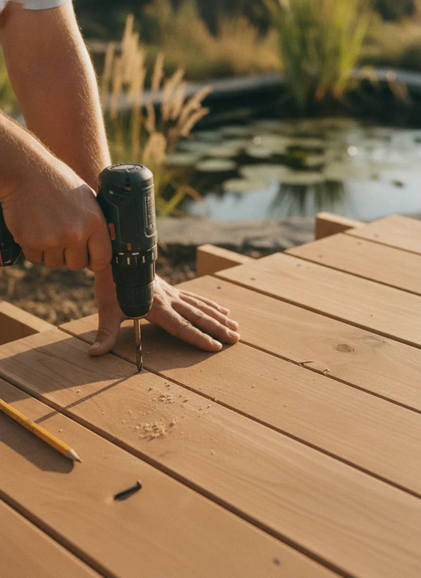 Mike Krüger verschraubt eine Diele einer neuen Holzterrasse am Gartenteich