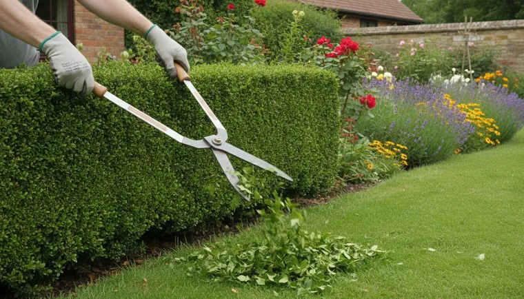 Hände schneiden mit einer Heckenschere eine Buchsbaumhecke im Garten