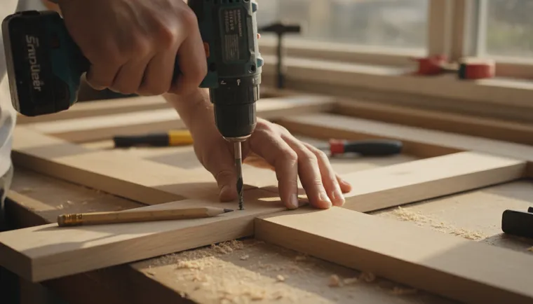 Handwerker verschraubt frisch gehobelte Holzleisten für einen Einbau